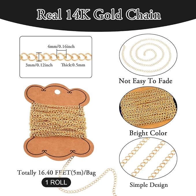EEE ELECRELIVE 16.4 Feet 14K Gold Filled Curb Chain Soldered Brass Thin Cable Chain Permanent Jewelry for Women Minimalist Necklace Bracelet Making