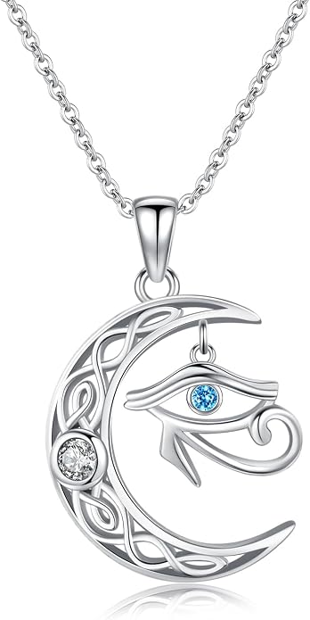 TRISHULA Crescent Moon Necklace 925 Sterling Silver Eye of Horus Animal Moon Pendant with Heart Crystal Birthday Jewelry Gift for Women Christmas Gifts for Her