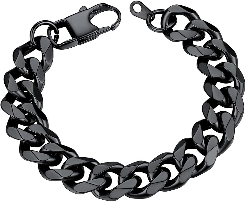 U7 Link Bracelets for Men, Cuban Link/Rope/Watch Band Solid Bracelet, Silver Black Gold Color Wrist Bracelet 3/6/9/12/15mm Width, 6.5/7.5/8.3 Inch Length, Hand Chain Jewelry for Mens Women
