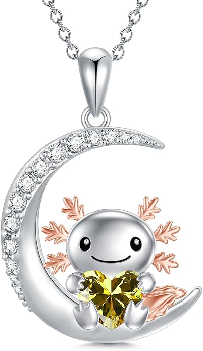 PROESS Animal Birthstone Necklace 925 Sterling Silver Otter/Axolotl/Hippo/Elephant/Dachshund/Monkey/Red Panda Pendant Necklace Animal Birthstone Jewelry Gifts for Women