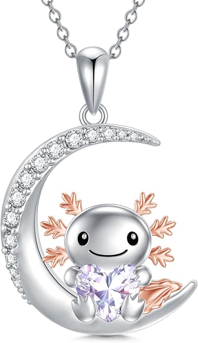 PROESS Animal Birthstone Necklace 925 Sterling Silver Otter/Axolotl/Hippo/Elephant/Dachshund/Monkey/Red Panda Pendant Necklace Animal Birthstone Jewelry Gifts for Women