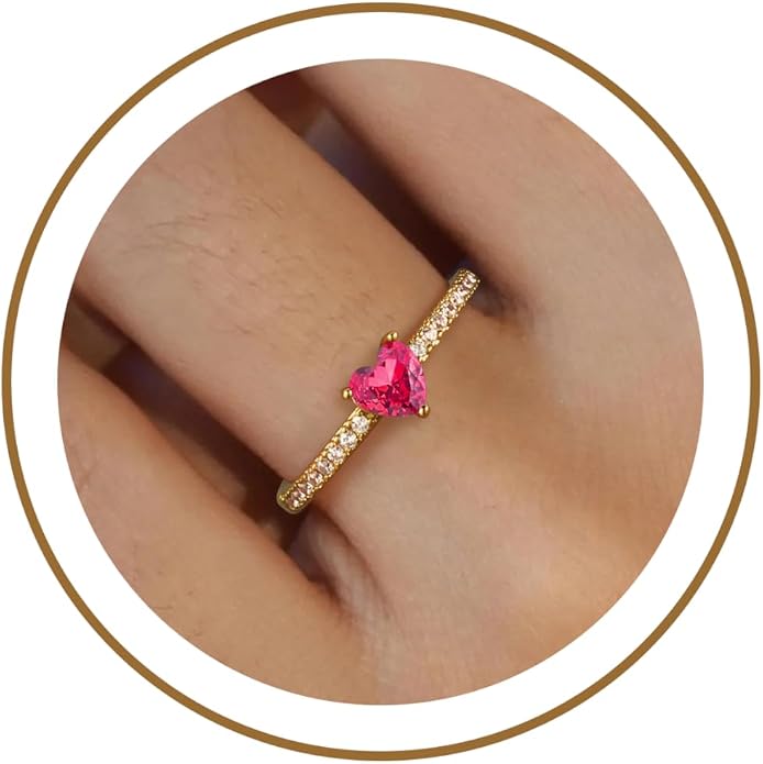 Honsny Heart Birthstone Gold Rings for Women Non Tarnish 14K Gold Plated Stackable CZ Gemstone Emerald Pinky Ring Dainty Engagement Promise Rings for Her Waterproof Jewelry Graduation Gifts Size 6-10