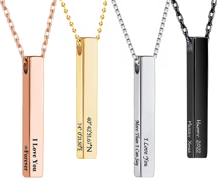 Personalized 4 Sided Vertical Bar Necklace Custom Text Engraved 3D Bar Pendant Stainless Steel Coordinate Jewelry for Couples