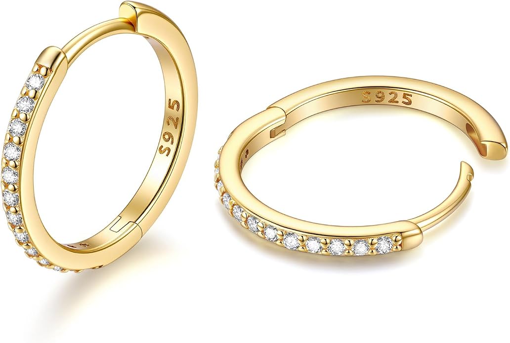 JustBeingCute 925 Sterling Silver Hoop Earrings for Women 14K Gold Plated Small Huggie Earrings Hypoallergenic Cubic Zirconia Cartilage Hoop Earring(8/10/12/14/16/18/20mm)
