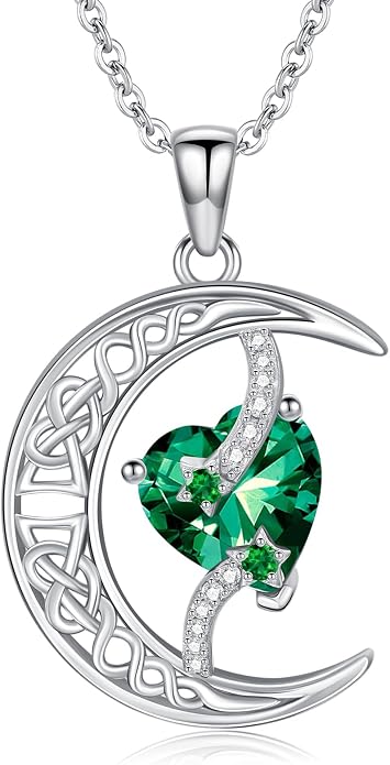 TOUPOP Moon and Star Birthstone Necklace for Women 925 Sterling Silver Celtic Moon Jewelry Birthday Mothers Day Gifts for Mom Wife Her