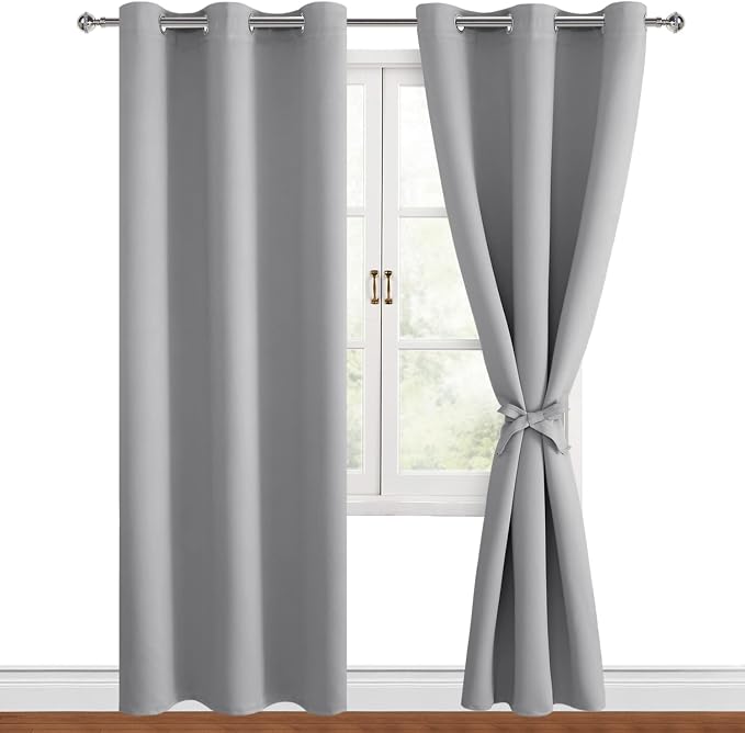 Hiasan Blackout Curtains for Bedroom, 38 x 84 Inches Long - Thermal Insulated & Light Blocking Window Curtains for Living Room, 2 Drape Panels Sewn with Tiebacks, Silver Grey