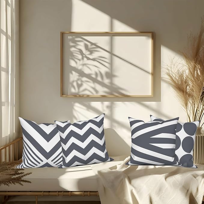 4 Pcs/Set Geometric Pillow Covers Boho Grey Winding Strips Circle Mid Century Geometry Stripes Minimalist Throw Pillow Covers for Home Sofa Couch Outdoor Decorative, 16"x16", Grey White