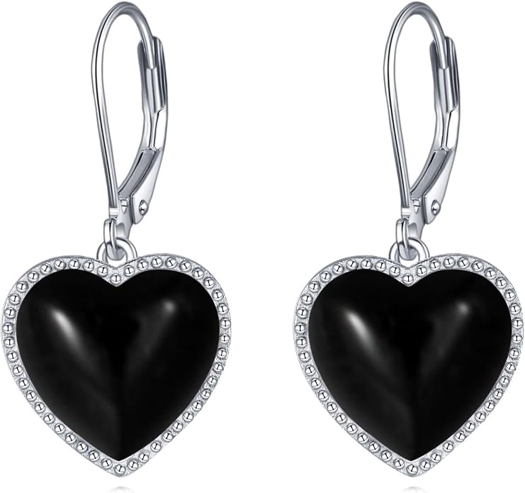 Mother of Pearl/Black Onyx/Abalone Shell Heart Leverback Dangle Earrings Sterling Silver Fashion Jewelry Gifts for Women
