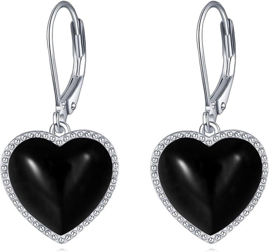 Mother of Pearl/Black Onyx/Abalone Shell Heart Leverback Dangle Earrings Sterling Silver Fashion Jewelry Gifts for Women