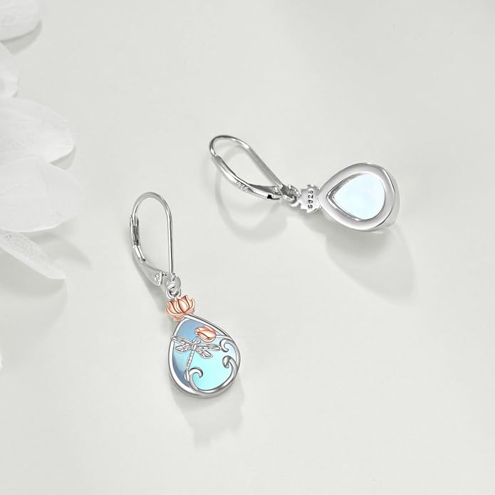 AOBOCO Teardrop Dangle Earrings for Women 925 Sterling Silver Moonstone Flower Filigree Leverback Jewelry Birthday
