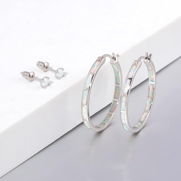 CiNily Opal Hoop Earrings,Women Jewelry Rhodium Plated/Rose Gold or Yellow Gold Plated Gemstone Big Hoop Earrings 32mm