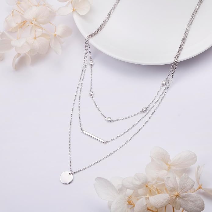 Layered Choker Necklaces for Women S925 Sterling Silver Circle/Heart/Cross/Star Multi Layered Necklace Handmade Bead Chain Adjustable Jewelry for Birthday
