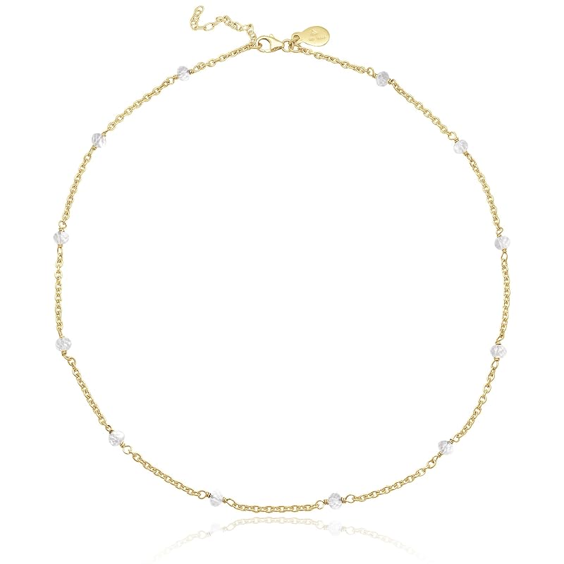 Clear Quartz Necklace for Women, Premium Beaded Gold Necklaces - Tarnish Free 18K Gold Vermeil Certified S925 Classic Statement Necklace Gold Jewelry for Women - Mothers Day Gifts for Mom Wife