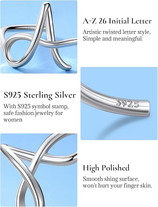 SILVERCUTE S925 Initial Rings, Adjustable Size 6-12 Statement Alphabet Letter A-Z Jewelry Personalized Twisted Initials Rings Sterling Silver Stacking Ring for Women