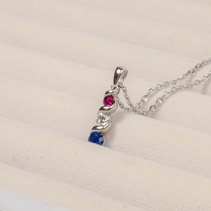Silver Smile Sterling Silver 3 Birthstone Pendant for Women – Lab-Grown Ruby, White & Blue Gemstones – Hypoallergenic & Tarnish Resistant – 925 Rhodium-Plated Pendant – Elegant Patriotic Gift for Her