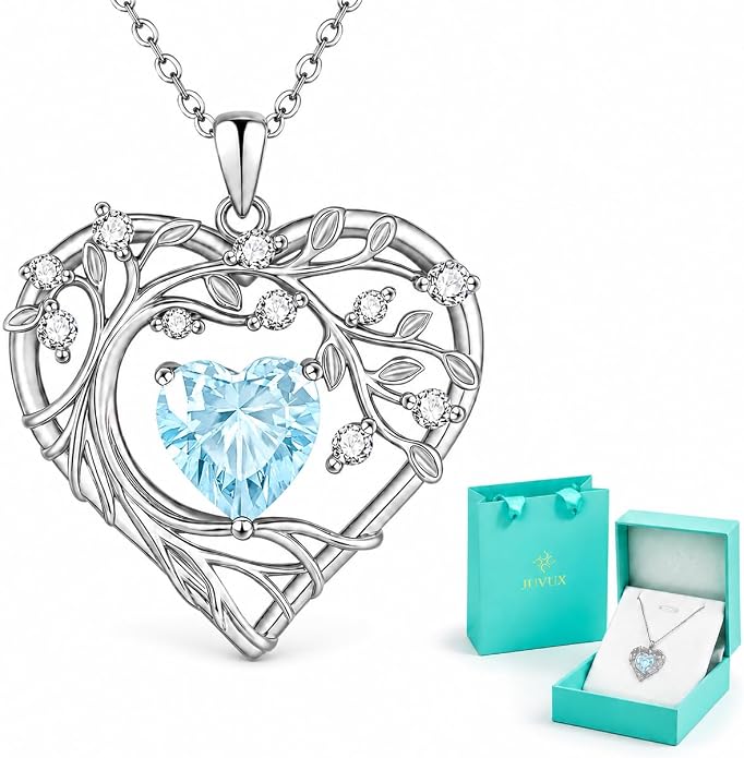 Tree of Life Birthstone Pendant Necklace - 925 Sterling Silver Heart Cubic Zirconia Diamond Women Pendant Necklaces for Her Daughter Girlfriend Birthday Gift Ideas for Wife Mom for Valentines Day