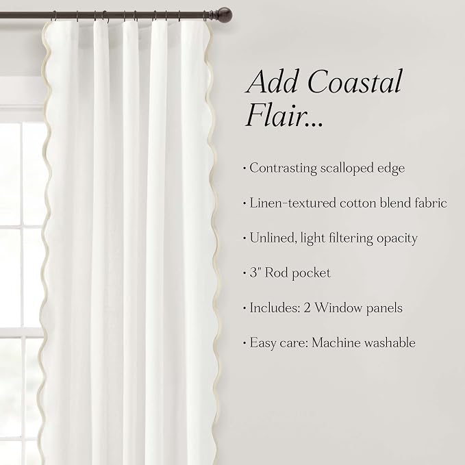 Lush Decor Coastal Chic Scalloped Edge Light Filtering Window Curtain Panels Pair, 52" W x 84" L, Neutral & White - White Curtains for Living Room - Coastal Decor