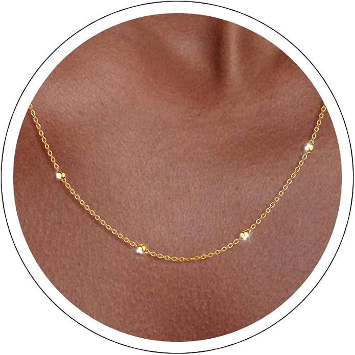 Carffordo 925 Sterling Silver Chain Necklace 16K Gold Plated Beaded Chain Necklace for Women Simple Dainty Choker Necklace Satellite Waterproof Link Necklace Trendy Jewelry Gifts