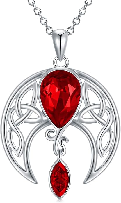 AOBOCO Sterling Silver Celtic Crescent Moon Goddess Pendant Irish Good Luck Necklace with Birthstone Crystal, Celtic Moon Jewelry Gift for Women Mom Wife