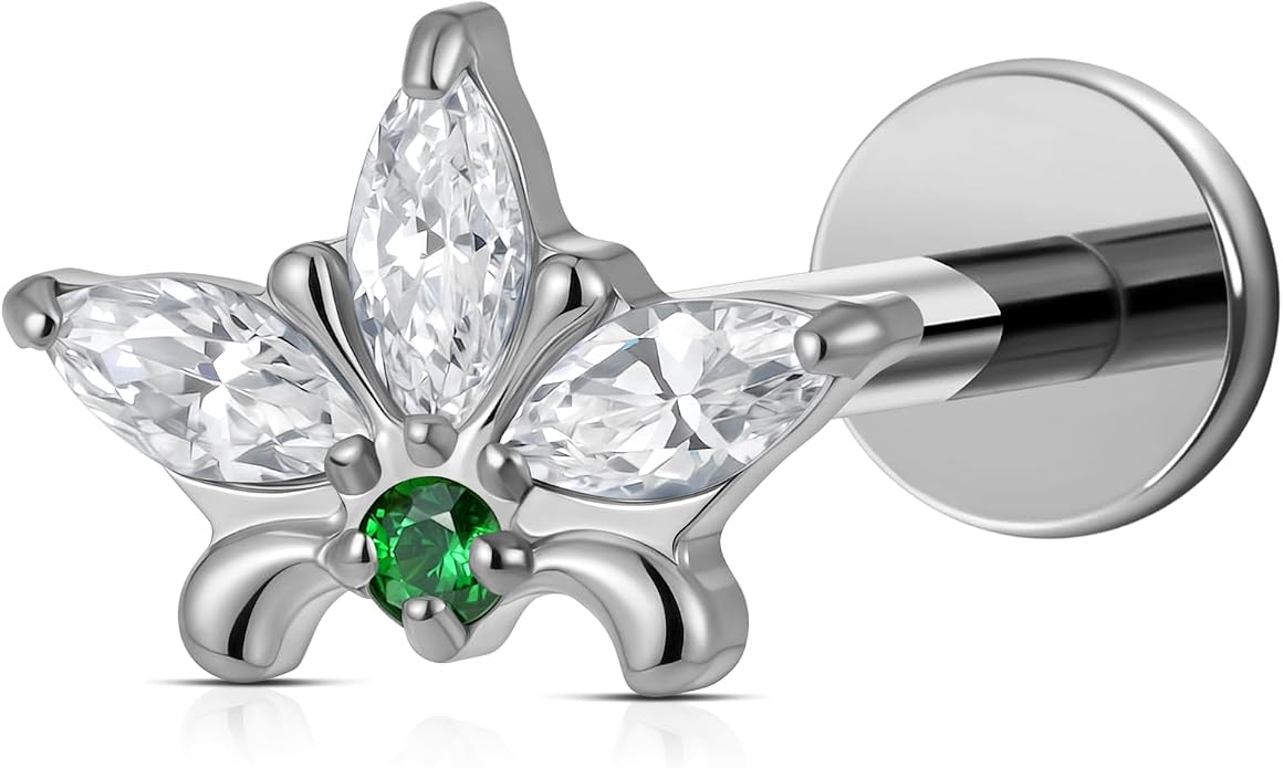 FINE4U ASTM F136 Titanium Piercing Jewelry Stud - 16G 6mm 8mm Triple Marquise Lotus Flower Cartilage Earring, Hypoallergenic Flatback Bridal Jewelry