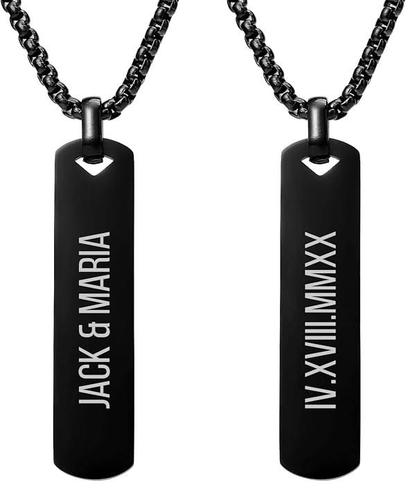 Fathers Day Personalized Vertical Bar Pendant Necklace - Custom Name Text Necklace Customized Stainless Steel Memorial Necklace Dad Gifts for Men