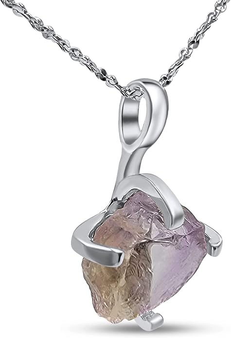 Natural raw gemstone pendant chain necklace with white gold over 925 solid sterling silver, birthstone dainty solitaire gift for her, uniquelan jewelry