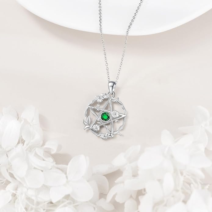 Birthstone Pentagram Necklace for Women 925 Sterling Silver Pentacle Daisy Pendant Pentacle Jewelry Birthday Gifts