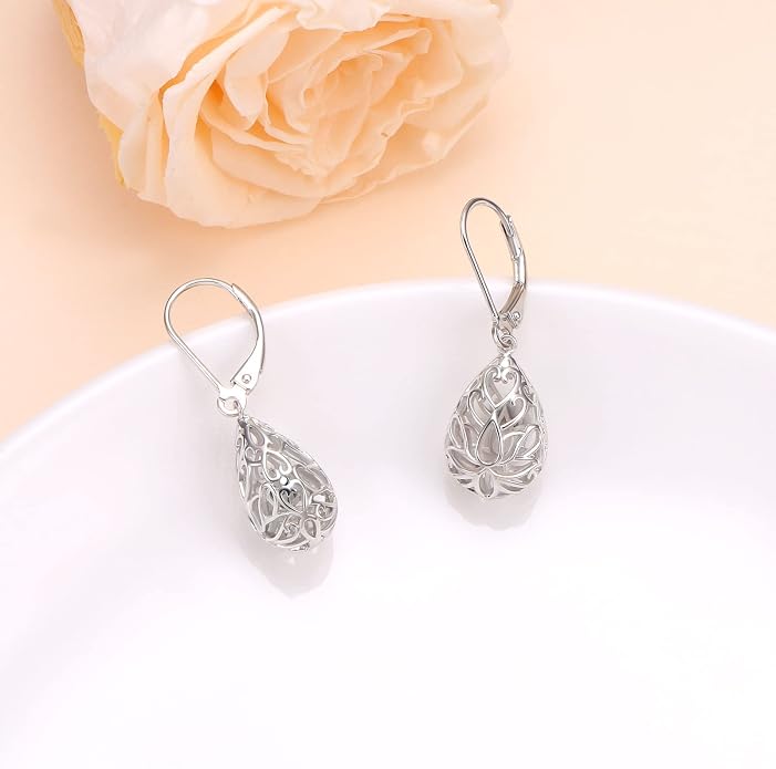 925 Sterling Silver Filigree Dangle Drop Earrings Daisy/Lotus/Rose Flower/Moonstone Leverback Teardrop Earrings for Women Infinity Celtic Knot Daisy Lotus Jewelry for Mothers Day