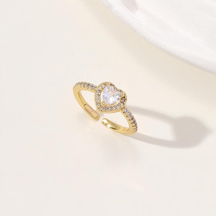 Gold Birthstone Rings for Women Non Tarnish 14k Gold Plated Dainty Heart Rings Adjustable Size Cubic Zirconia Ring Gold Simulated Gemstone Rings Birthday Gifts for Women