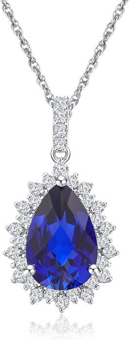 925 Sterling Silver Teardrop Necklace for Women Huge Created Gemstone Solitaire Halo Pendant Pear Cut Birthstone Necklace