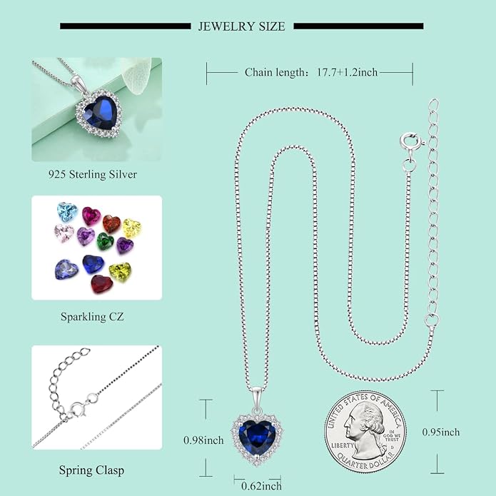 STARCHENIE 925 Sterling Silver Heart Birthstone Pendant Necklace for Women | Genuine 925 silver pendant, heart birthstone, love heart design, 925 silver 18+2" adjustable chain