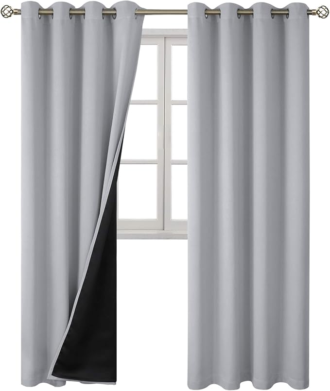 BGment 100% Blackout Curtains 108 Inch Long 2 Panles Set, Thermal Insulated Total Light Locking Soundproof Grommet Curtains & Drapes for Living Room with Black Liner, 52 Inch Wide Each, Light Grey