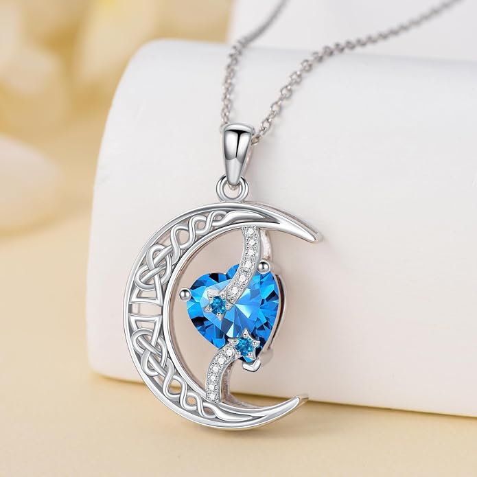 TOUPOP Moon and Star Birthstone Necklace for Women 925 Sterling Silver Celtic Moon Jewelry Birthday Mothers Day Gifts for Mom Wife Her