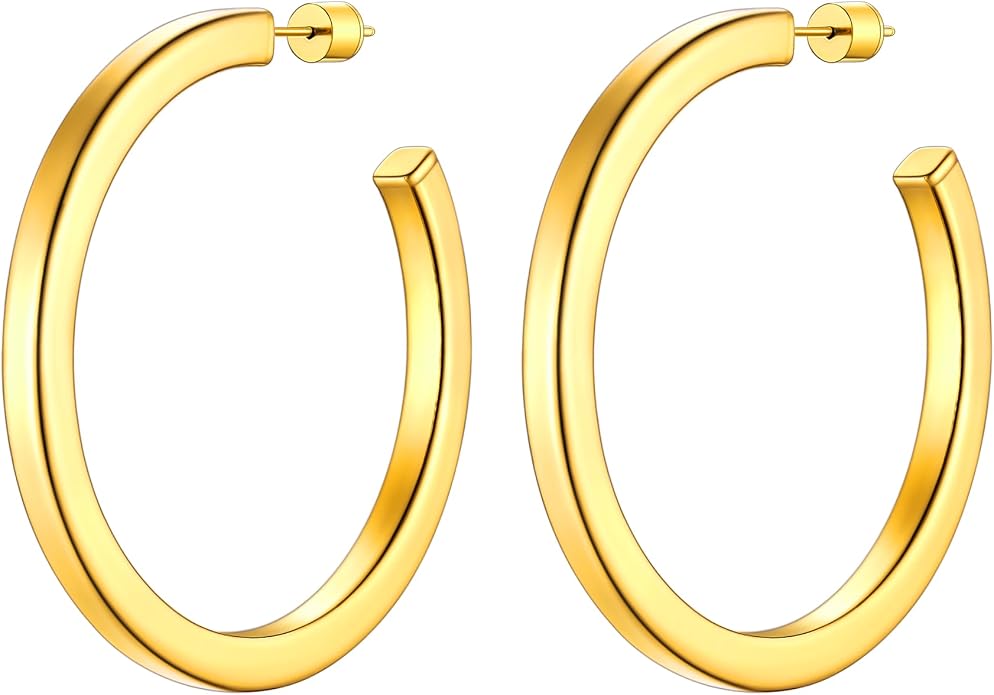Stainless Steel Chunky Hoop Earrings For Women, Minimalist and Chic, Black/Gold Plated, Round Hoops Earrings Hypoallergenic, Size: 30mm/40mm/60mm/80mm, Come with Box