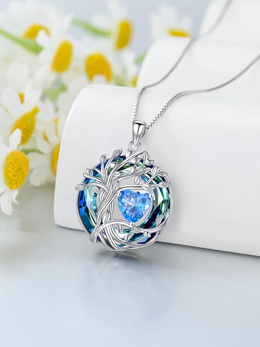 TOUPOP Tree of Life Birthstone Necklace Sterling Silver Pendant Birthstone Necklaces with Blue Crystal Anniversary Birthday Jewelry for Women Mom Wife Her