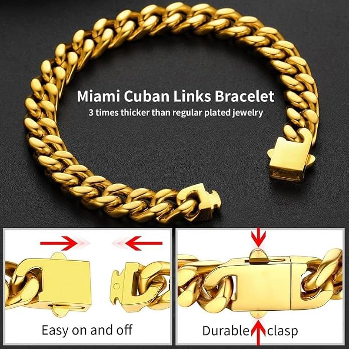 ChainsHouse Stainless Steel Cuban Link Bracelet for Men, 5mm/7mm/9mm/12mm Width, 7.5"/8.3"/9" Length, Black/18K Gold Plated Chain Wrist Bracelets for Men, with Gift Box