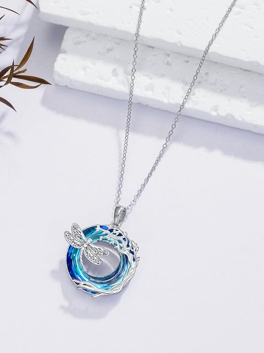 Dragonfly Necklace 925 Sterling Silver Dragonfly/Sunflower Bee Pendant Necklace Dragonfly with Blue Circle Crystal Dragonfly Jewelry Gifts as Holiday Christmas Gifts for Women