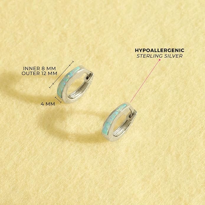 925 Sterling Silver Chunky Simulated Opal Inlay Huggie Hoop Earrings For Little Girls and Preteens 8mm - Young Girls Chunky Hoop Earrings For Everyday Use
