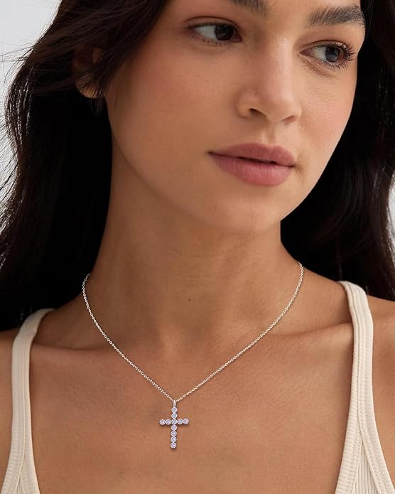 925 Sterling Silver 18 inch Birthstone Cross Pendant Necklace for Women Men