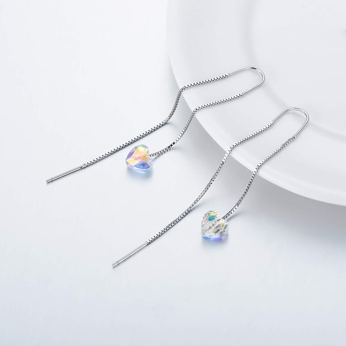 AOBOCO Heart/Butterfly/Cube Threader Dangle Drop Earrings - 925 Sterling Silver Long Chain Earring for Women Baroque Hook Drop Earrings Crystals from Austria