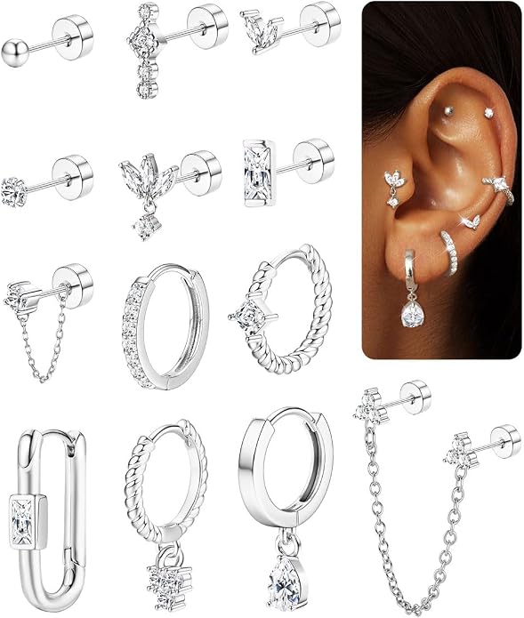 ORAZIO 20G Helix Piercing Jewelry Flat Back Cartilage Earrings for Women Surgical Stainless Steel Hypoallergenic Hoop Stud Earrings Set Tragus Helix Piercing Jewelry for Sensitive Ears Single Pc