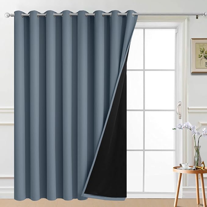 Yakamok Stone Blue Blackout Patio Door Curtain Panels W100 x L96,1 Panel | Noise Reducing Barrier Panel for Sliding Glass Door, 2 Thick Layers Heat Full Light Blocking Patio Door Drapery