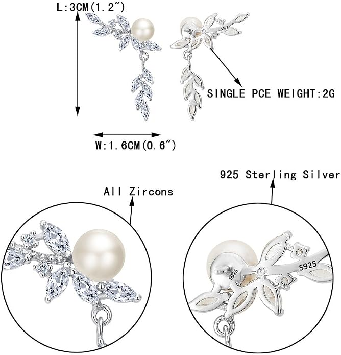 EVER FAITH 925 Sterling Silver CZ 4MM Cultured Pearl Leaf Ear Wrap Cuff Stud Post Crawler Climber Earrings
