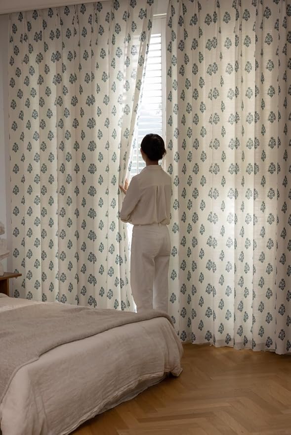 DrapePalette - Linen Blend Pinch Pleated Curtains 96 Inches Long for Living Room, Bedroom, Dining Room, Light Filtering Curtains 2 Panels Set, Modern Floral Printed Design, Kashmir Blue, 30" W x 96" L