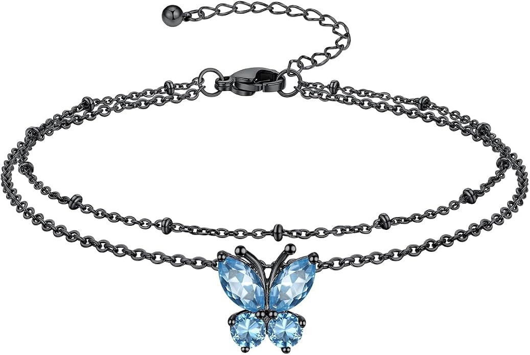 Richsteel Double Layer Heart/Butterfly Birthstone Anklet for Women Non Tarnish Waterproof, Silver/Gold/Black Stainless Steel 8.5-10.5 Inch Adjustable Chain Anklets Jewelry Gifts for Her