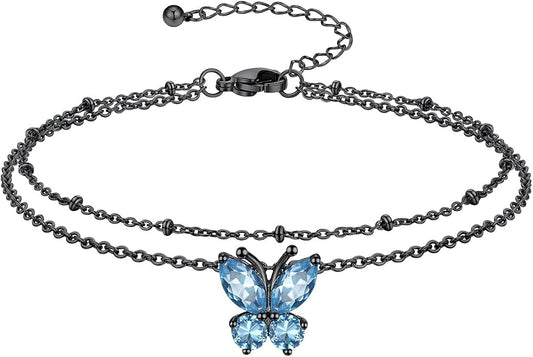 Richsteel Double Layer Heart/Butterfly Birthstone Anklet for Women Non Tarnish Waterproof, Silver/Gold/Black Stainless Steel 8.5-10.5 Inch Adjustable Chain Anklets Jewelry Gifts for Her