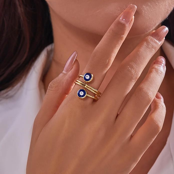 Boho Evil Eye Rings Adjustable Open Wrap Ring Blue Eye Turkish Rings Vintage Open Knuckle Finger Ring Jewelry for Women