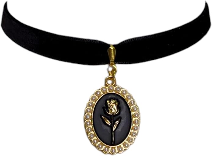 Victorian Gothic Black Velvet Choker with Oval Pearl & Rose Black Pendant Vintage Witchy Wiccan Handmade Jewelry Necklace Gothic Gift for Her
