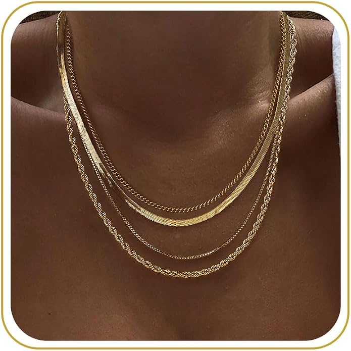 Tewiky Layered Necklaces for Women Non Tarnish- Chunky 14k Gold Plated Herringbone/Snake/Rope/Box/Cuban Link Chain for Women Waterproof Layering Stack Choker Necklace Trendy Dainty Tarnish Free Jewelry Set