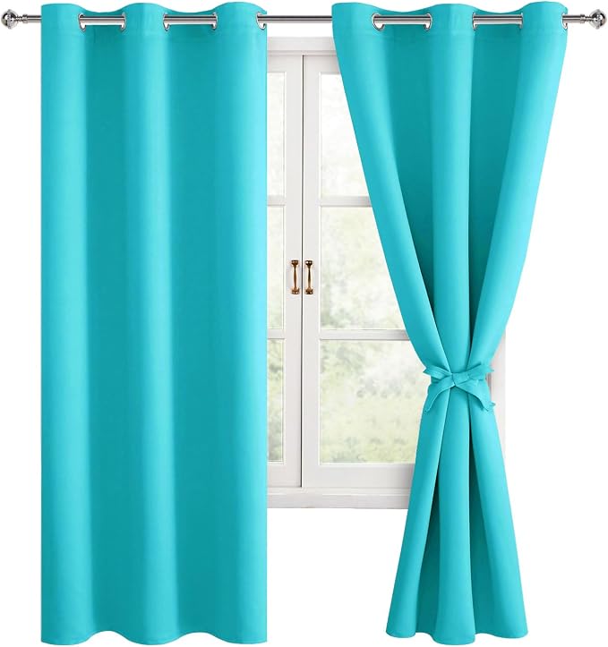 Hiasan Blackout Curtains for Bedroom, 38 x 63 Inches Length - Thermal Insulated & Light Blocking Window Curtains for Living Room, 2 Drape Panels Sewn with Tiebacks, Turquoise